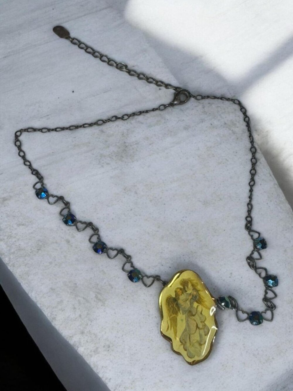 Handmade Angel Pendant Necklace With Heart Chain & Blue Crystal Accents